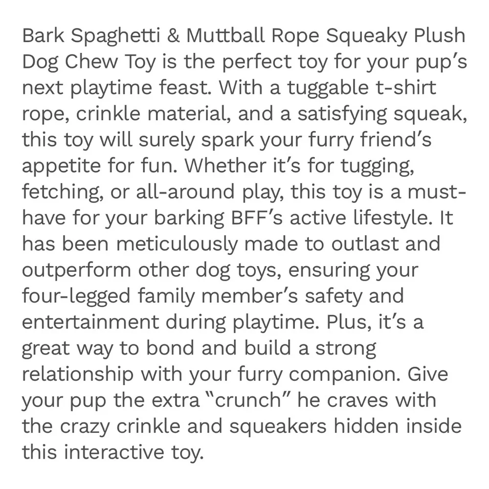 Bark Spaghetti and Muttballs dog toy